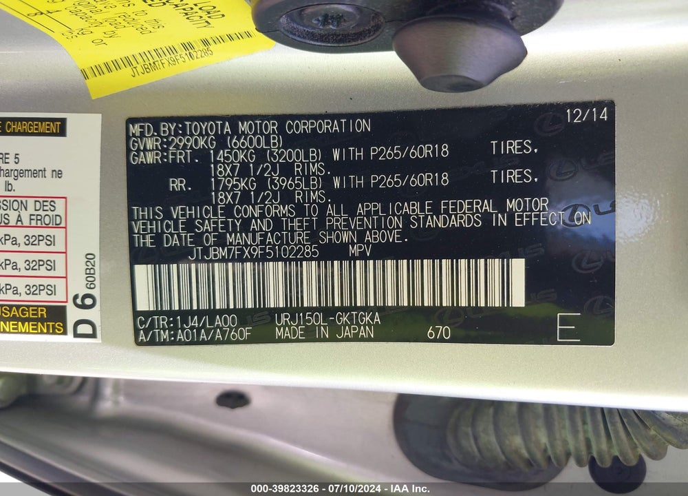 2015 LEXUS 460 VIN: JTJBM7FX9F5102285