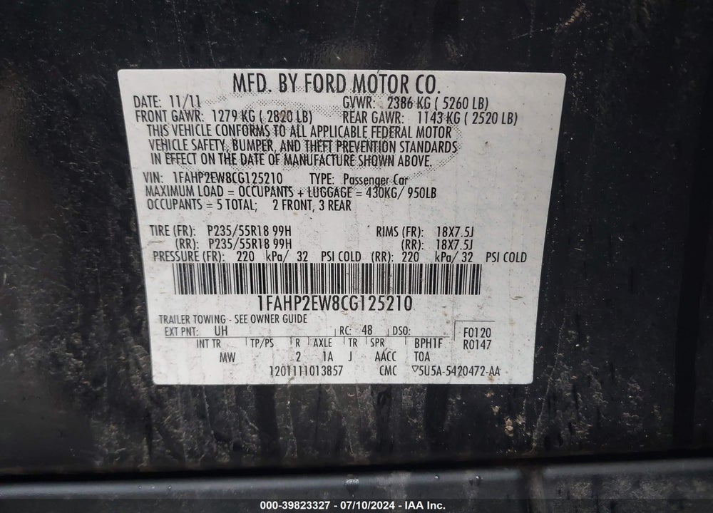 2012 FORD TAURUS SEL VIN: 1FAHP2EW8CG125210