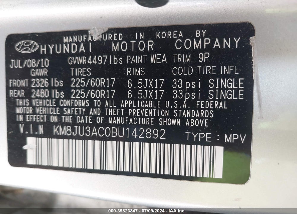2011 HYUNDAI TUCSON GLS VIN: KM8JU3AC0BU142892