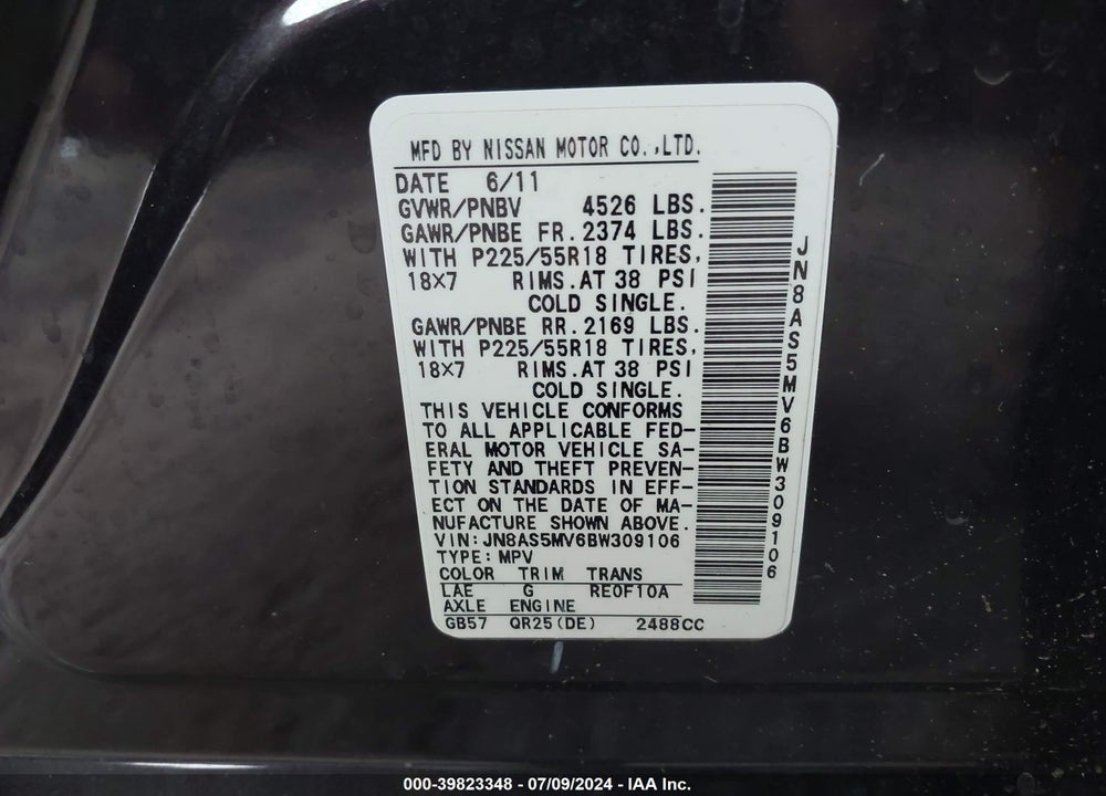 2011 NISSAN ROGUE SV VIN: JN8AS5MV6BW309106