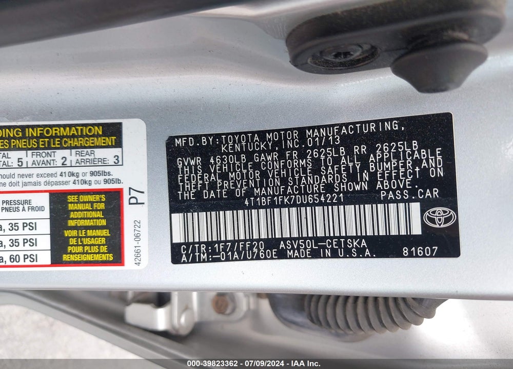 2013 TOYOTA CAMRY SE VIN: 4T1BF1FK7DU654221