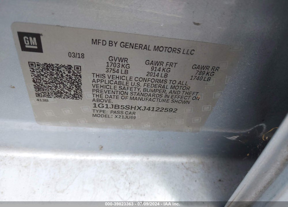 2018 CHEVROLET SONIC VIN: 1G1JB5SHXJ4122592