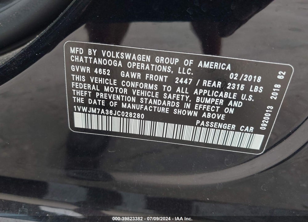 2018 VOLKSWAGEN PASSAT 3.6L V6 GT VIN: 1VWJM7A36JC028280
