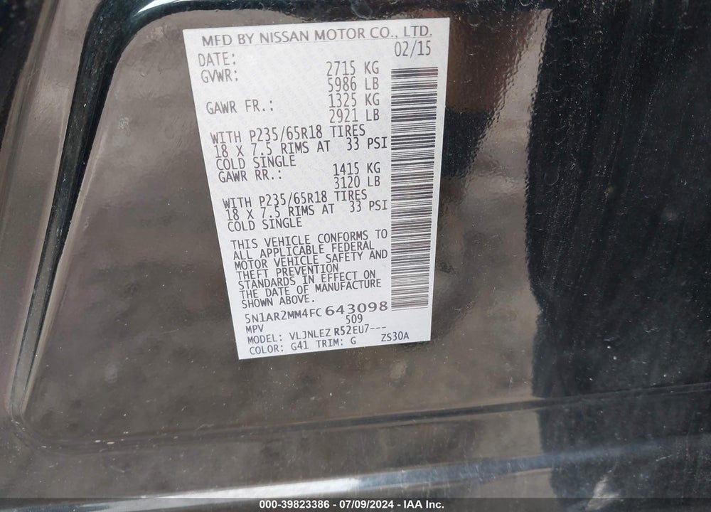 2015 NISSAN PATHFINDER SV VIN: 5N1AR2MM4FC643098