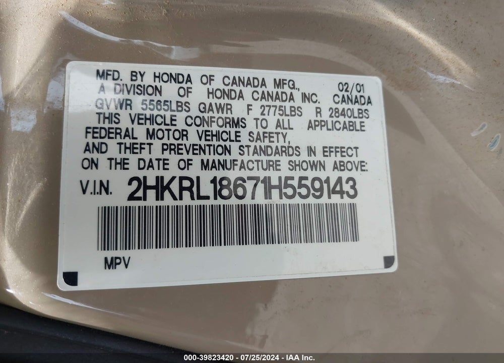 2001 HONDA ODYSSEY EX VIN: 2HKRL18671H559143