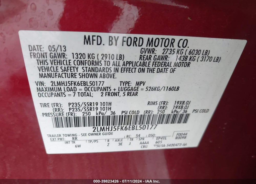 2014 LINCOLN MKT VIN: 2LMHJ5FK6EBL50177