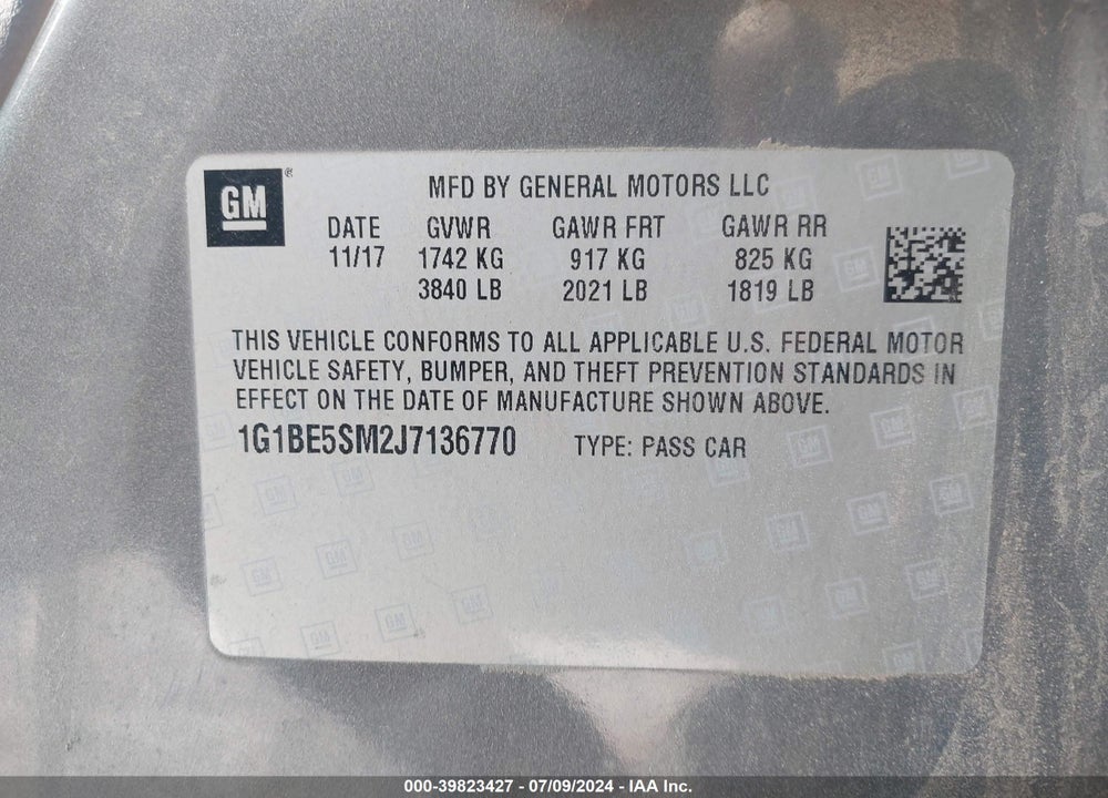 2018 CHEVROLET CRUZE LT AUTO VIN: 1G1BE5SM2J7136770