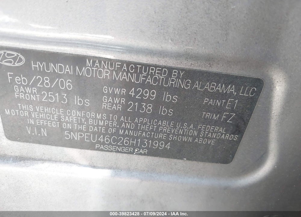 2006 HYUNDAI SONATA VIN: 5NPEU46C26H131994