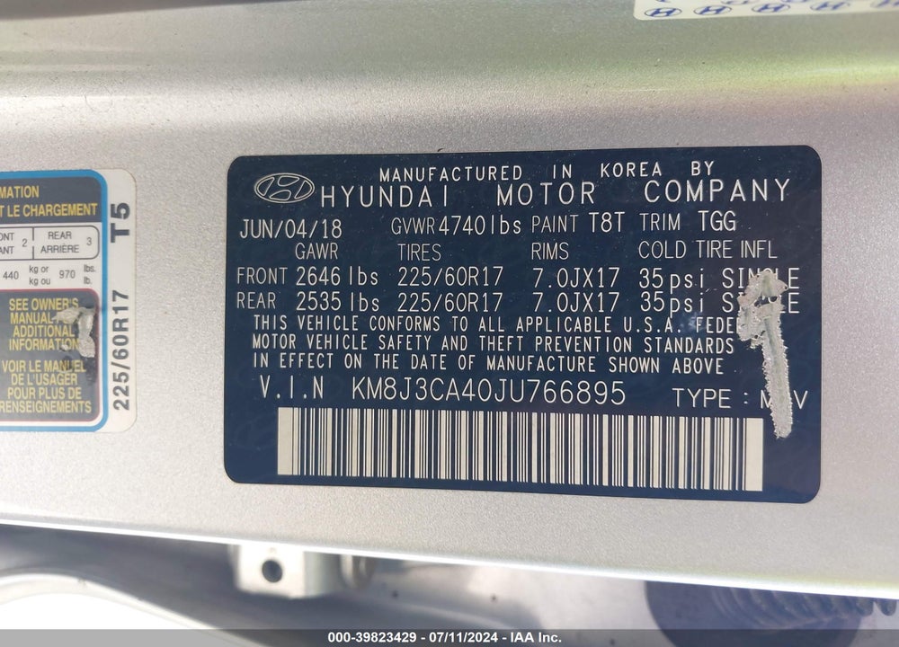 2018 HYUNDAI TUCSON SEL VIN: KM8J3CA40JU766895