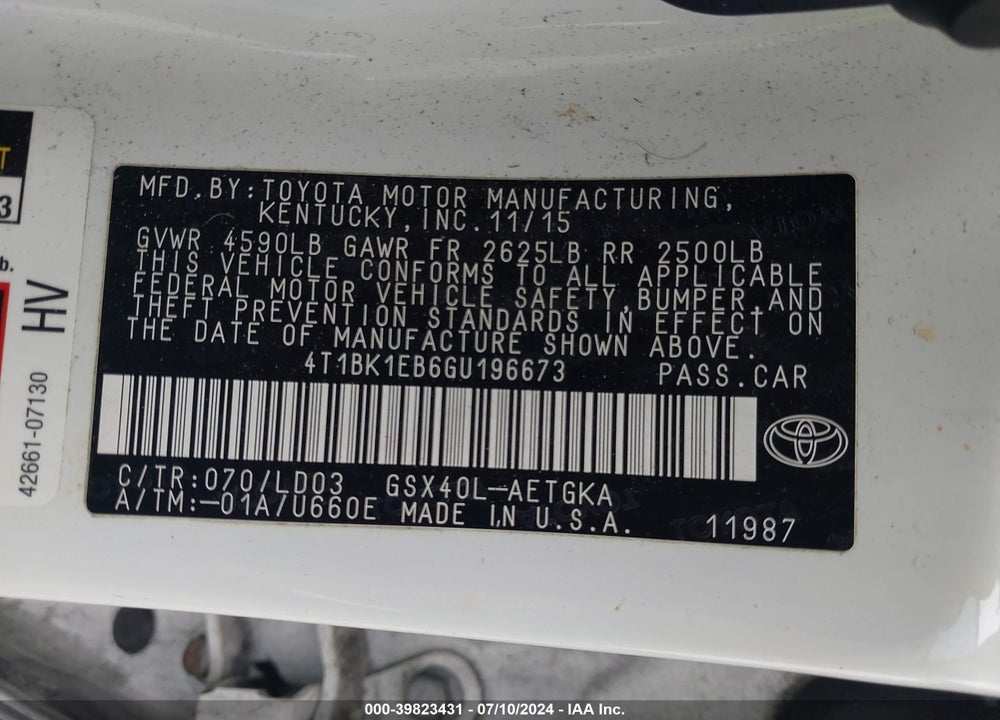 2016 TOYOTA AVALON XLE VIN: 4T1BK1EB6GU196673