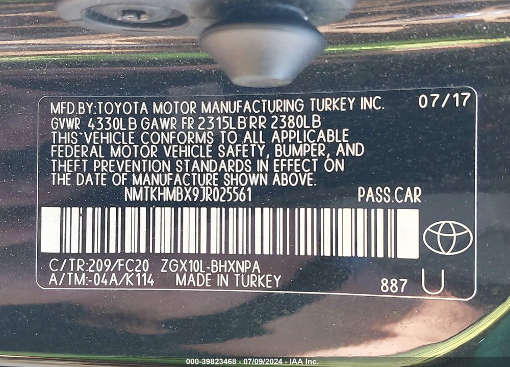 2018 TOYOTA C-HR XLE PREMIUM VIN: NMTKHMBX9JR025561