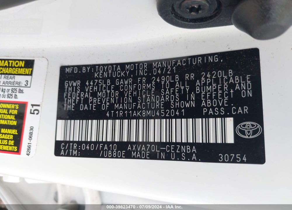 2021 TOYOTA CAMRY LE VIN: 4T1R11AK8MU452041