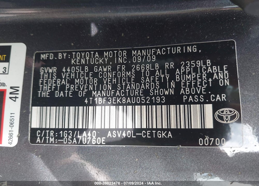 2010 TOYOTA CAMRY XLE VIN: 4T1BF3EK8AU052193