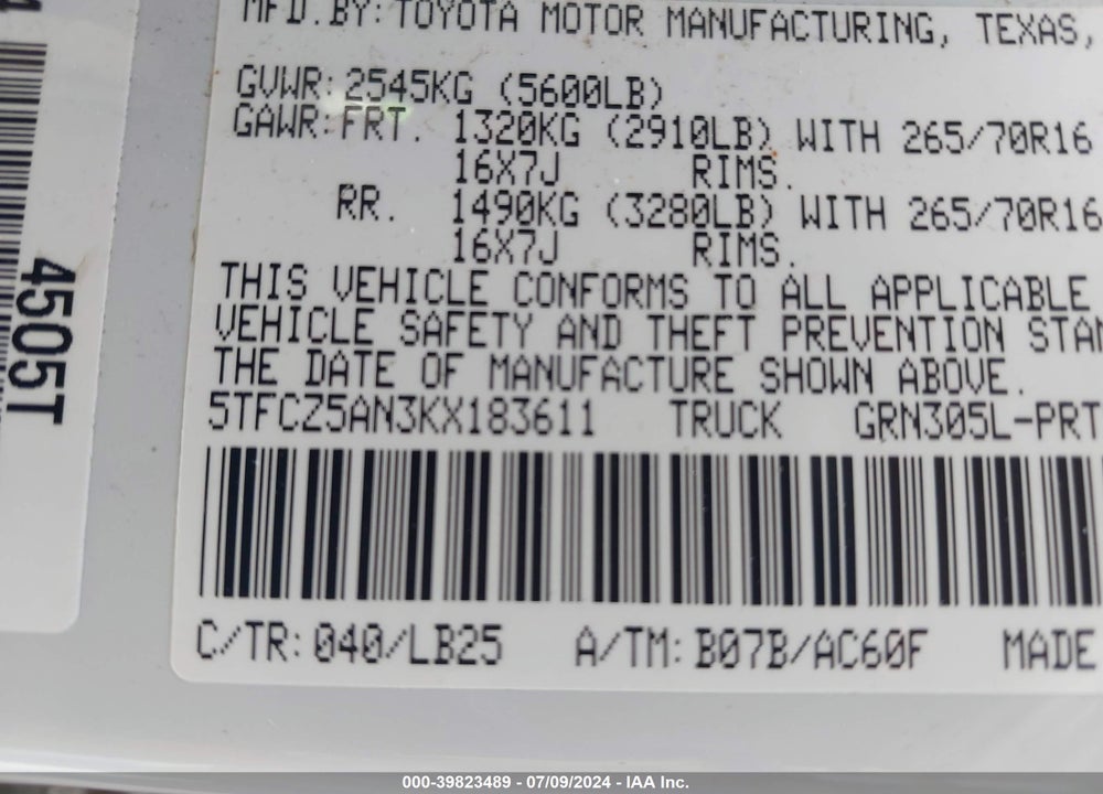 2019 TOYOTA TACOMA VIN: 5TFCZ5AN3KX183611