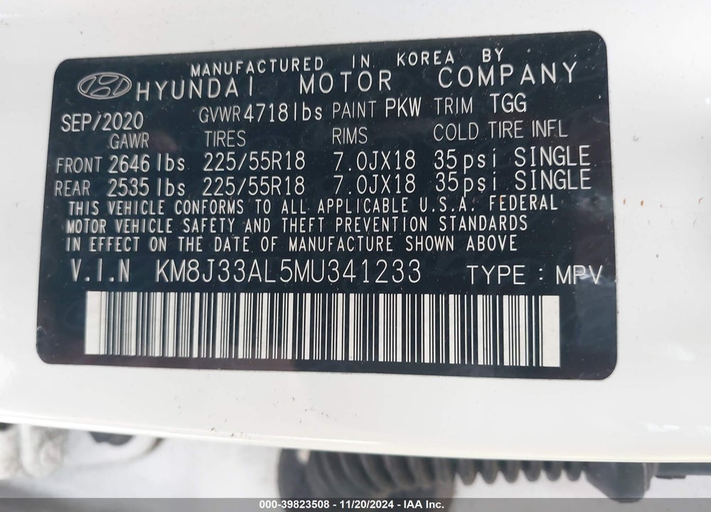 2021 HYUNDAI TUCSON SEL VIN: KM8J33AL5MU341233