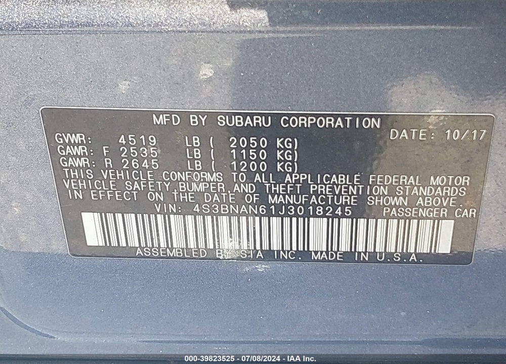 2018 SUBARU LEGACY 2.5I LIMITED VIN: 4S3BNAN61J3018245