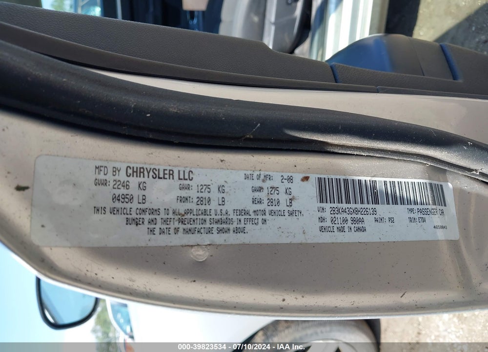 2008 DODGE CHARGER VIN: 2B3KA43GX8H226139