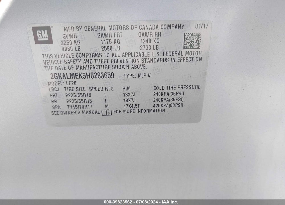 2017 GMC TERRAIN SLE-1 VIN: 2GKALMEK5H6283659