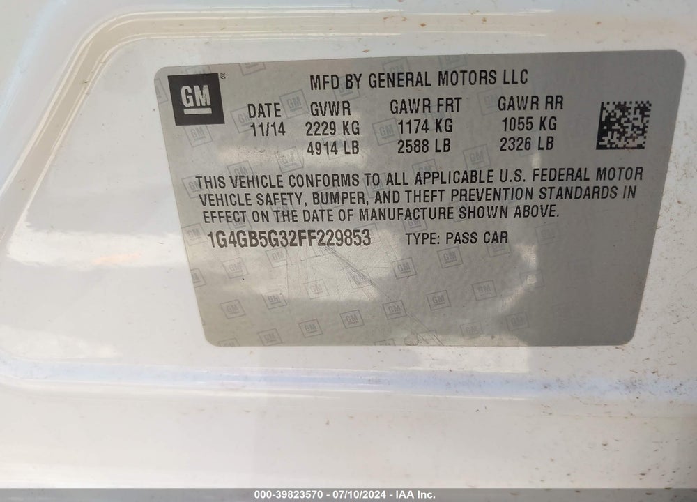2015 BUICK LACROSSE LEATHER VIN: 1G4GB5G32FF229853