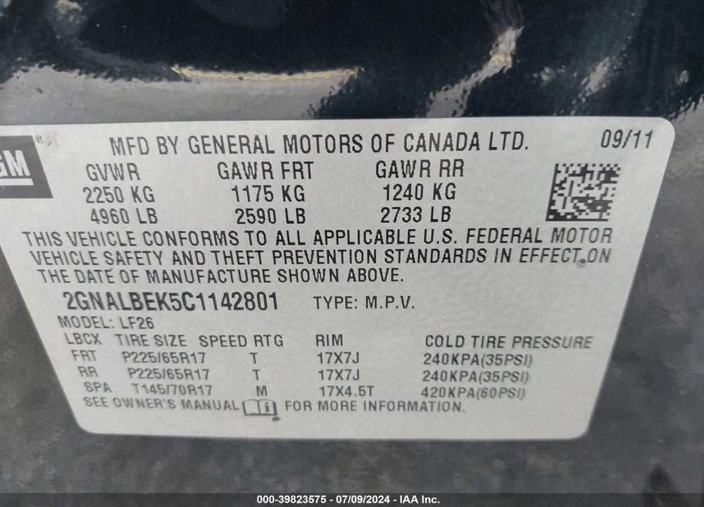 2012 CHEVROLET EQUINOX LS VIN: 2GNALBEK5C1142801