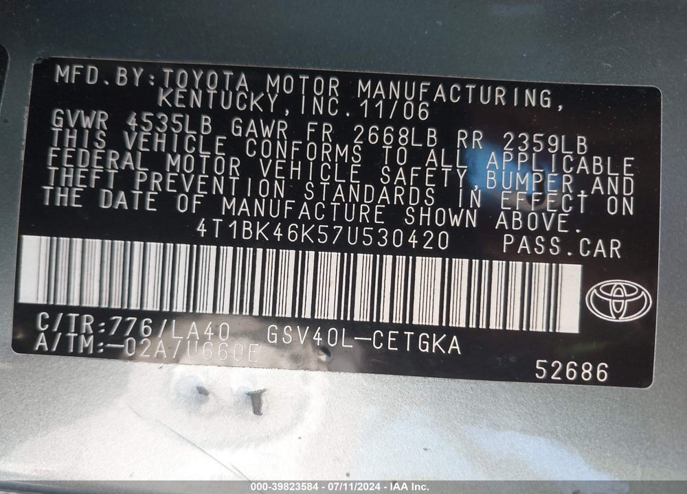 2007 TOYOTA CAMRY XLE V6 VIN: 4T1BK46K57U530420