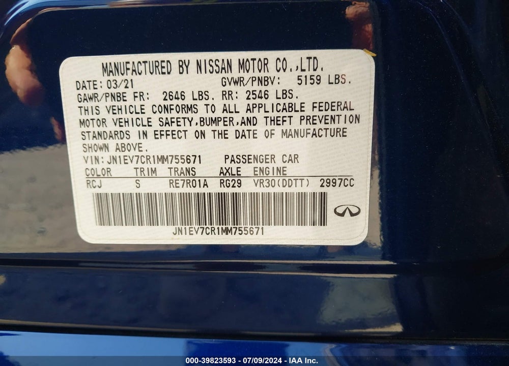 2021 INFINITI Q50 SIGNATURE EDITION AWD VIN: JN1EV7CR1MM755671
