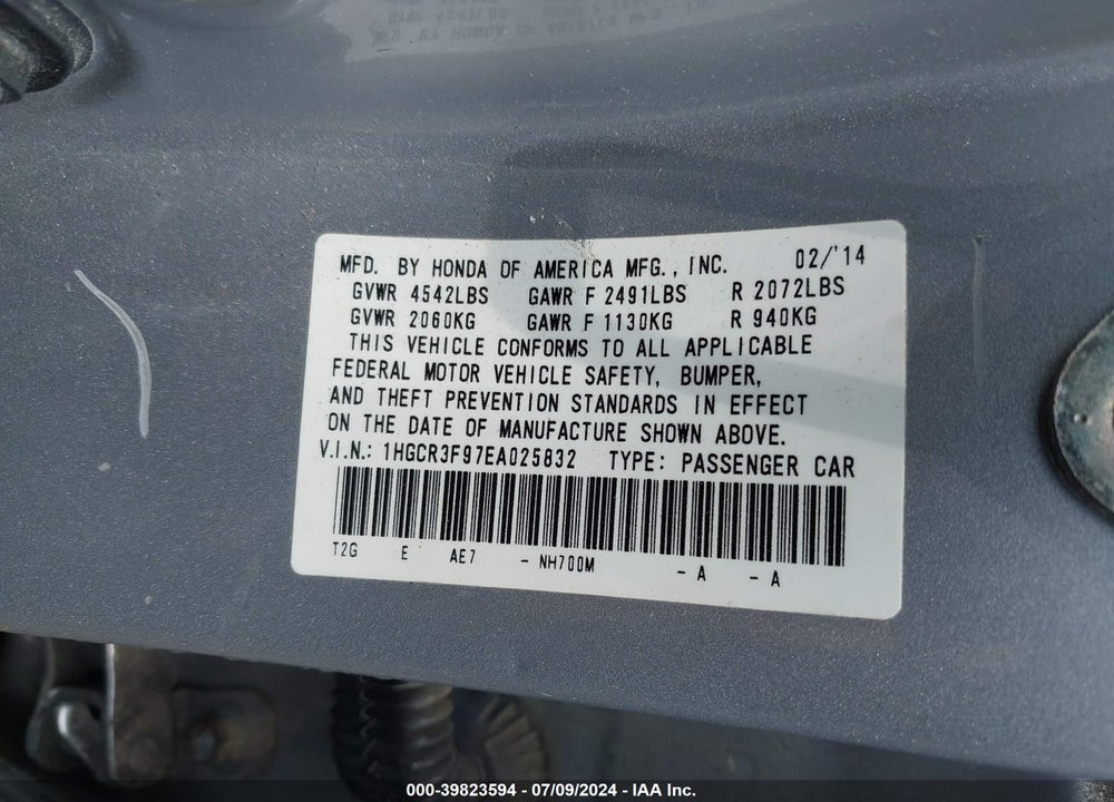 2014 HONDA ACCORD TOURING VIN: 1HGCR3F97EA025832
