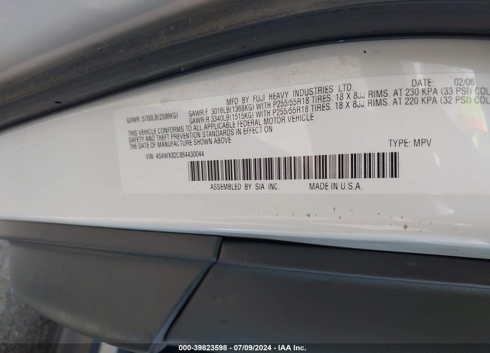 2006 SUBARU B9 TRIBECA BASE 5-PASSENGER VIN: 4S4WX82C864430044