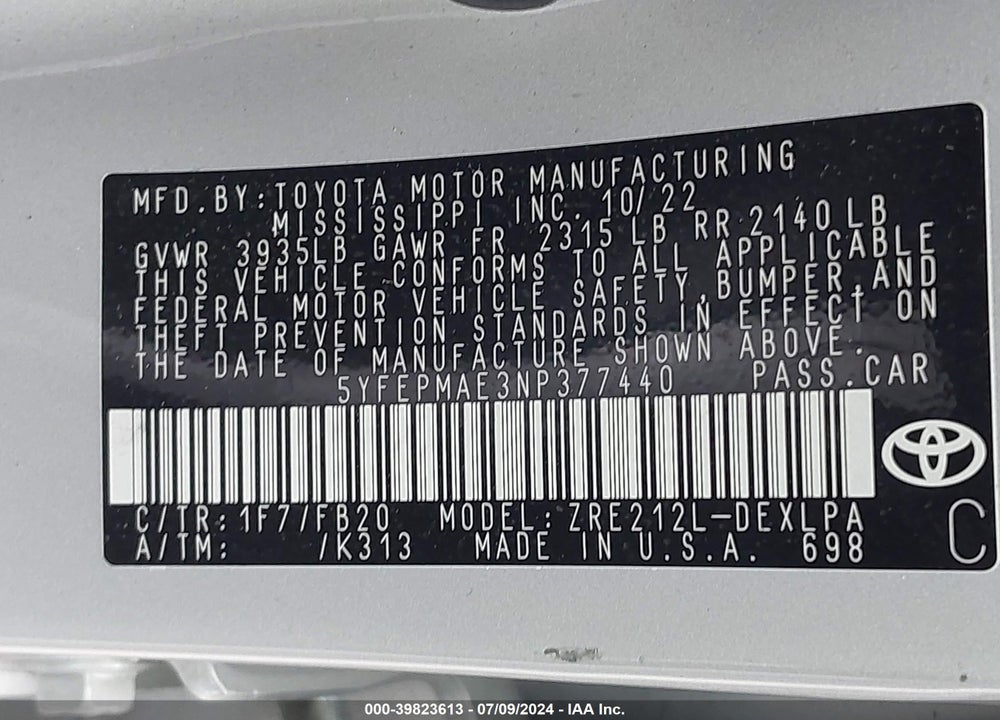 2022 TOYOTA COROLLA LE VIN: 5YFEPMAE3NP377440