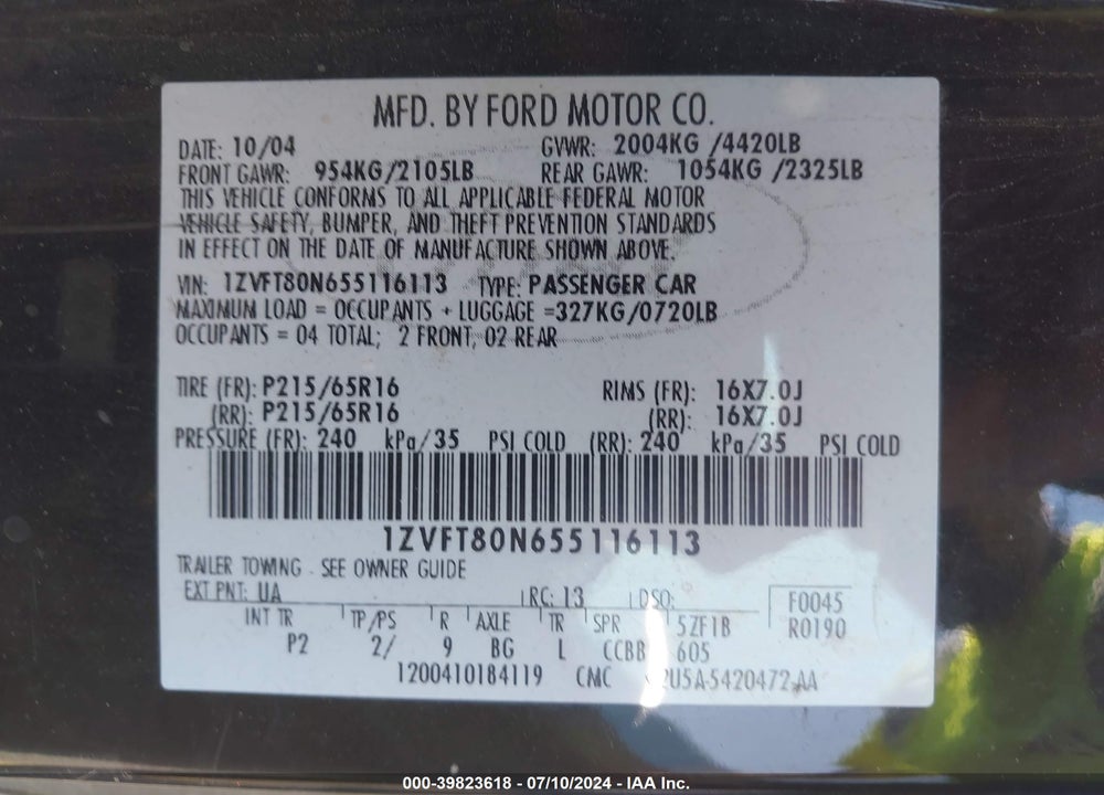2005 FORD MUSTANG V6 DELUXE/V6 PREMIUM VIN: 1ZVFT80N655116113