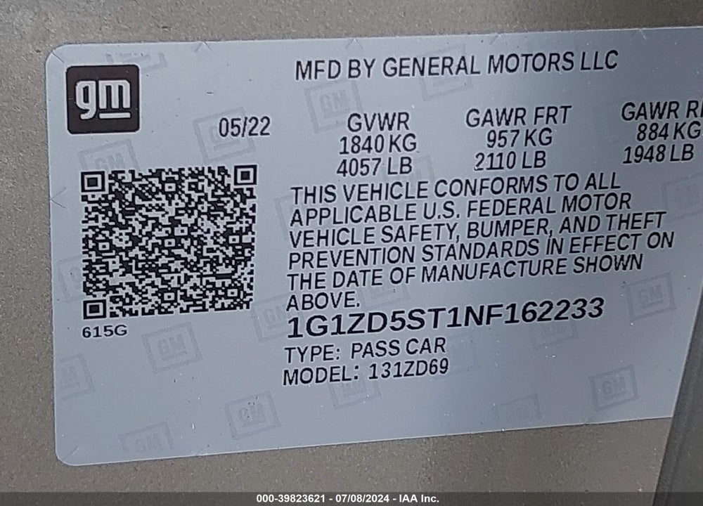 2022 CHEVROLET MALIBU FWD LT VIN: 1G1ZD5ST1NF162233