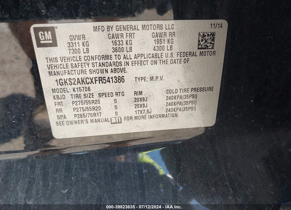 2015 GMC YUKON SLE VIN: 1GKS2AKCXFR541386