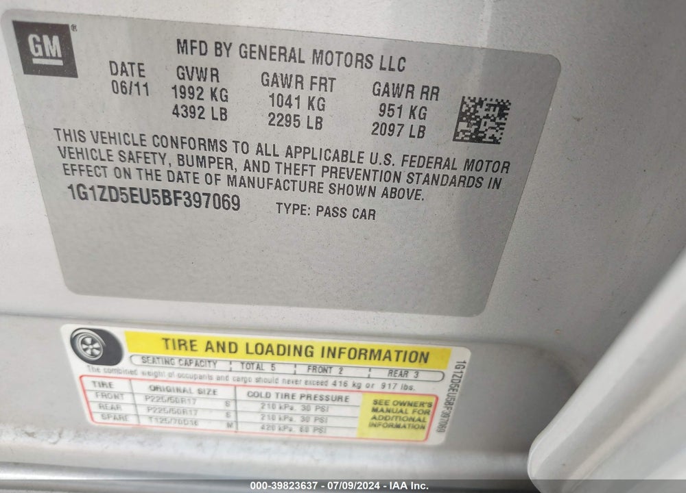 2011 CHEVROLET MALIBU VIN: 1G1ZD5EU5BF397069