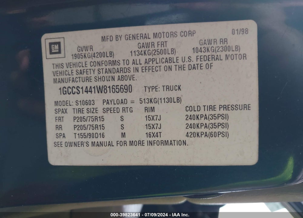 1998 CHEVROLET S-10 FLEETSIDE VIN: 1GCCS1441W8165690