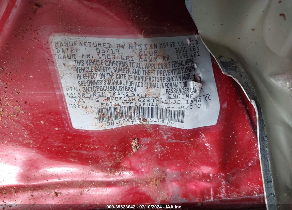 2019 NISSAN KICKS SV VIN: 3N1CP5CU9KL516824