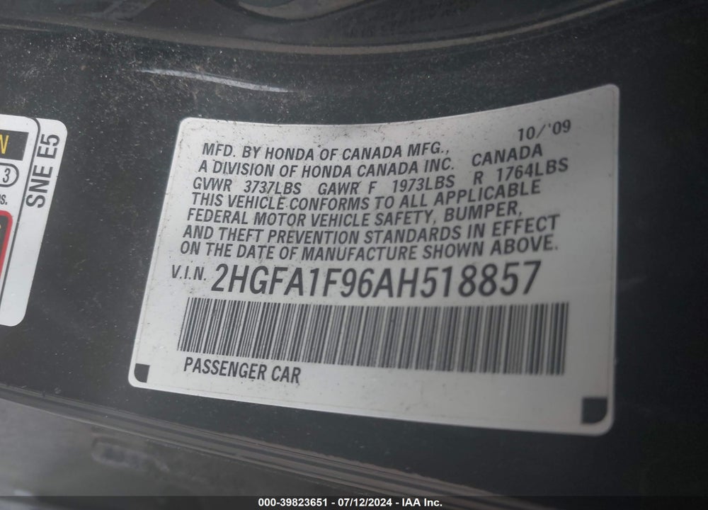 2010 HONDA CIVIC EX-L VIN: 2HGFA1F96AH518857