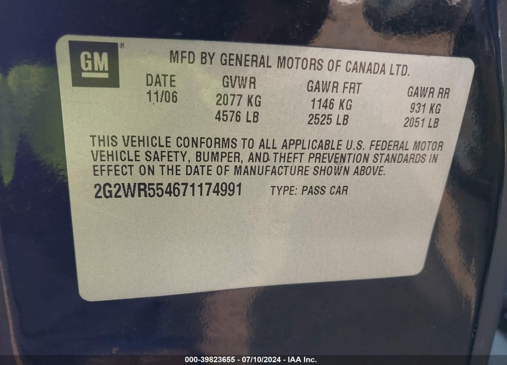 2007 PONTIAC GRAND PRIX GT VIN: 2G2WR554671174991