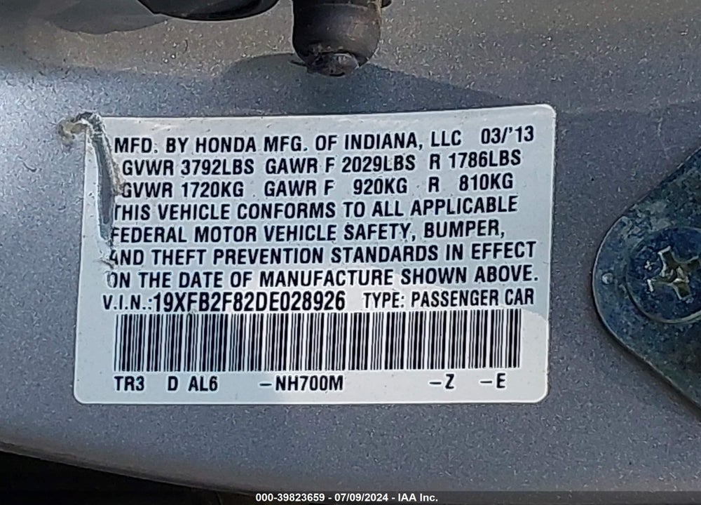 2013 HONDA CIVIC EX VIN: 19XFB2F82DE028926