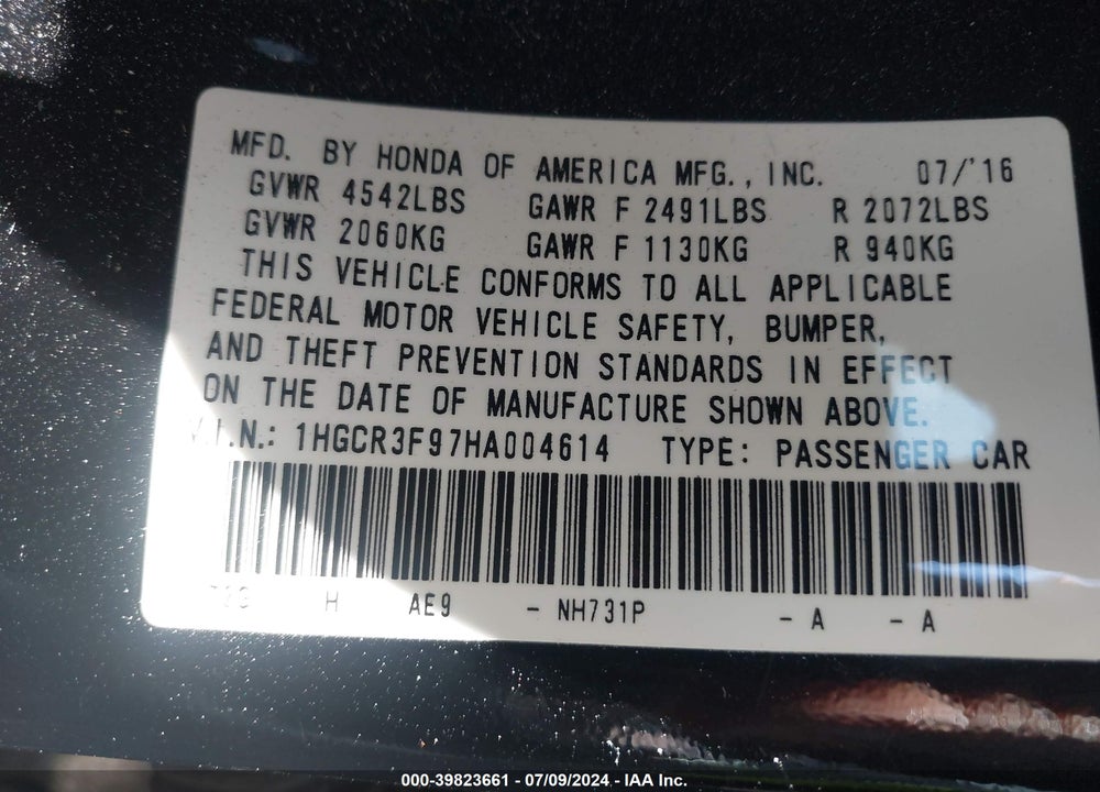 2017 HONDA ACCORD TOURING V6 VIN: 1HGCR3F97HA004614