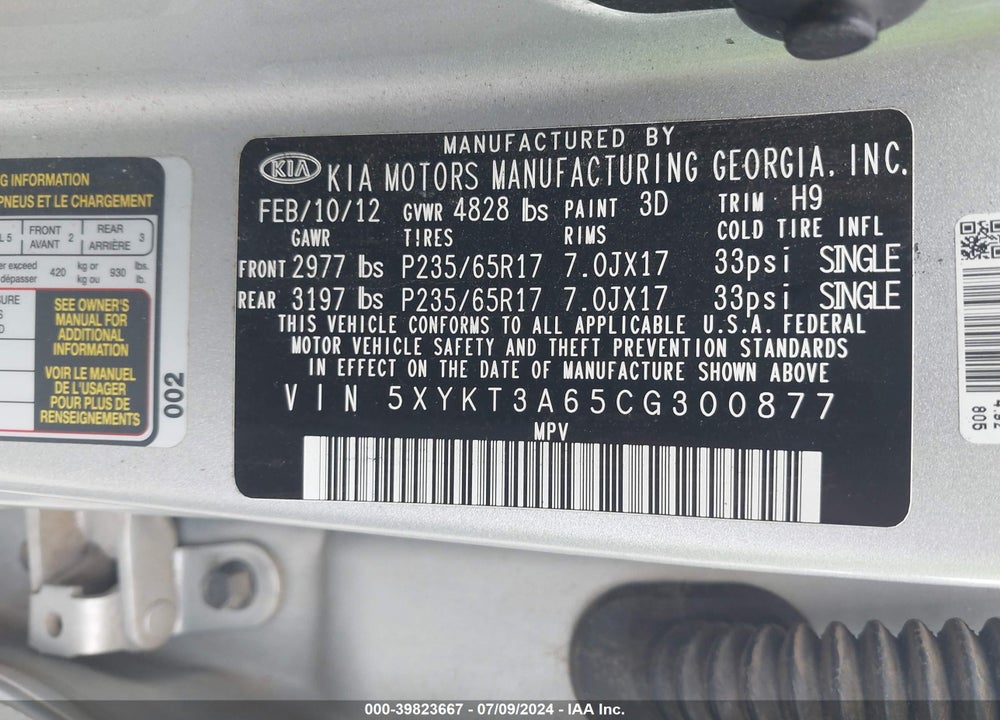2012 KIA SORENTO LX VIN: 5XYKT3A65CG300877
