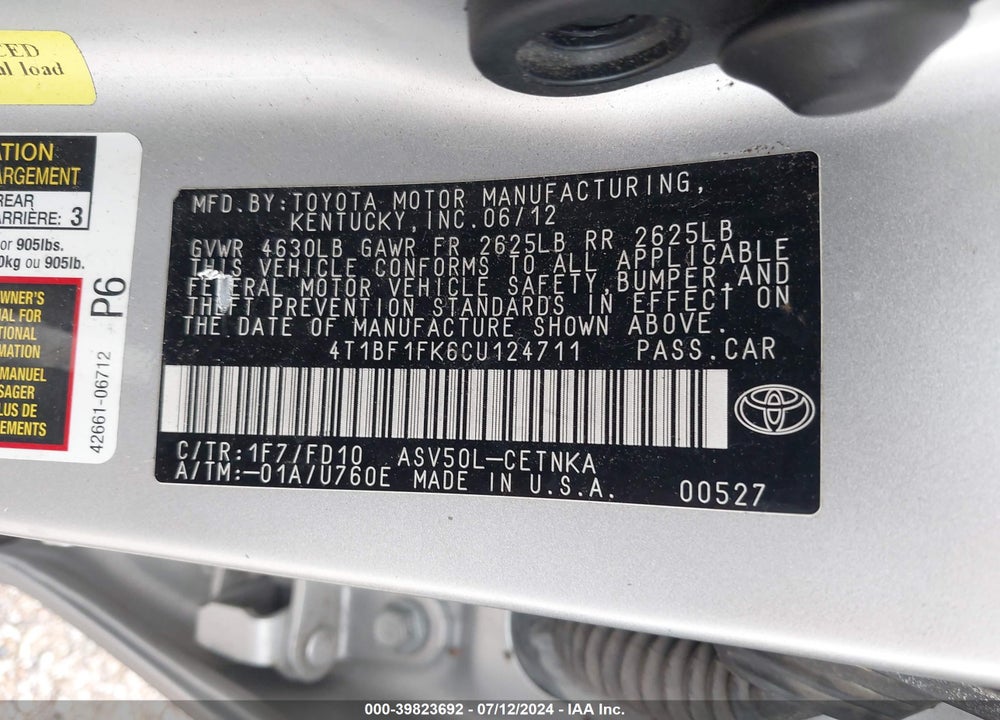 2012 TOYOTA CAMRY LE VIN: 4T1BF1FK6CU124711