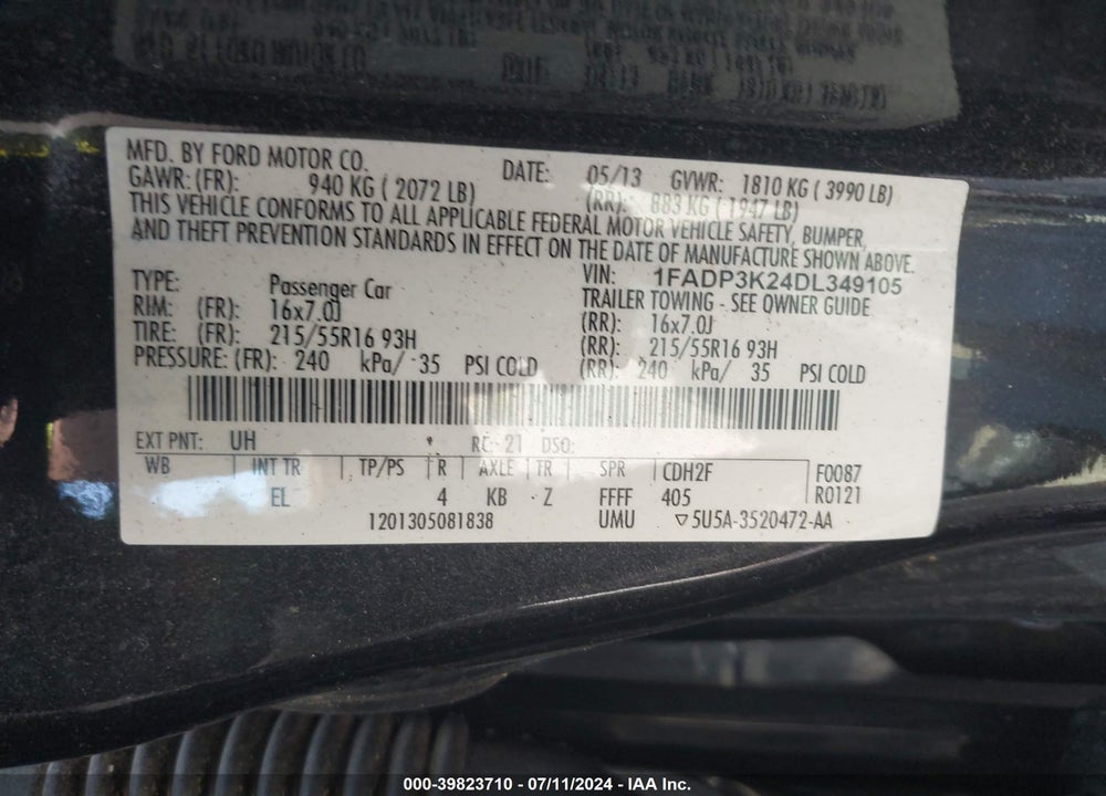 2013 FORD FOCUS SE VIN: 1FADP3K24DL349105