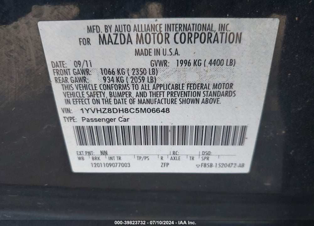 2012 MAZDA 6 I TOURING VIN: 1YVHZ8DH8C5M06648