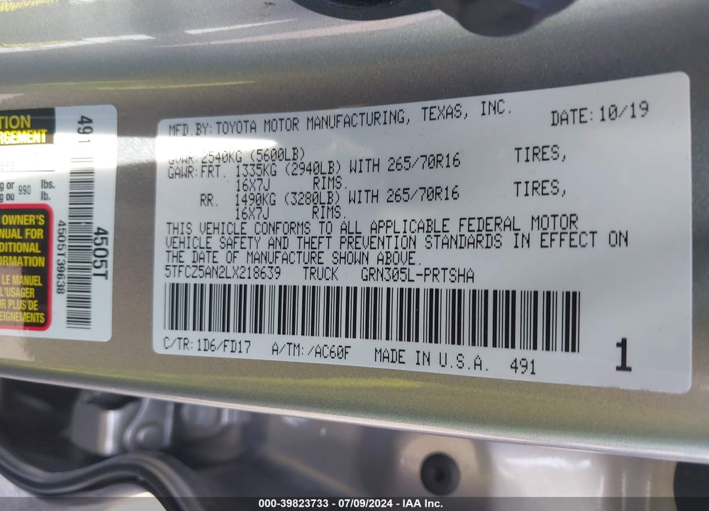 2020 TOYOTA TACOMA TRD OFF ROAD VIN: 5TFCZ5AN2LX218639