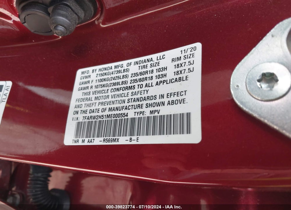 2021 HONDA CR-V AWD EX VIN: 7FARW2H51ME000554