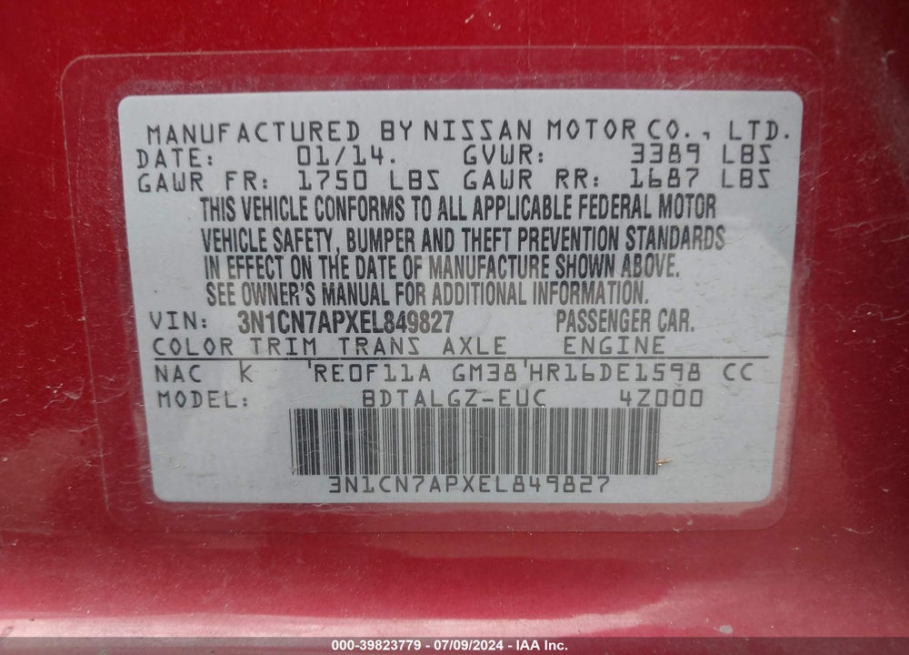 2014 NISSAN VERSA 1.6 SL VIN: 3N1CN7APXEL849827