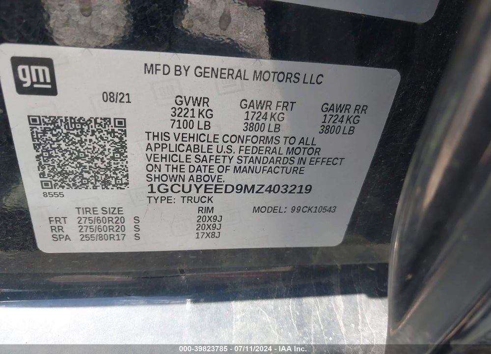 2021 CHEVROLET SILVERADO 1500 4WD SHORT BED RST VIN: 1GCUYEED9MZ403219