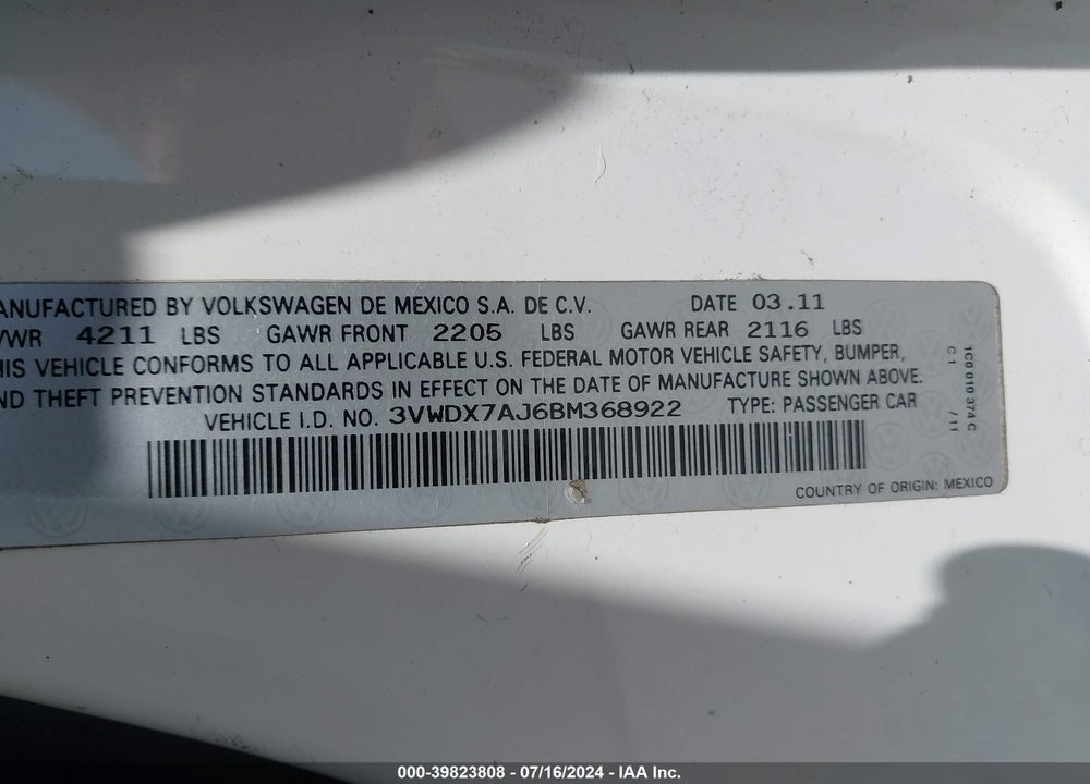 2011 VOLKSWAGEN JETTA 2.5L SE VIN: 3VWDX7AJ6BM368922