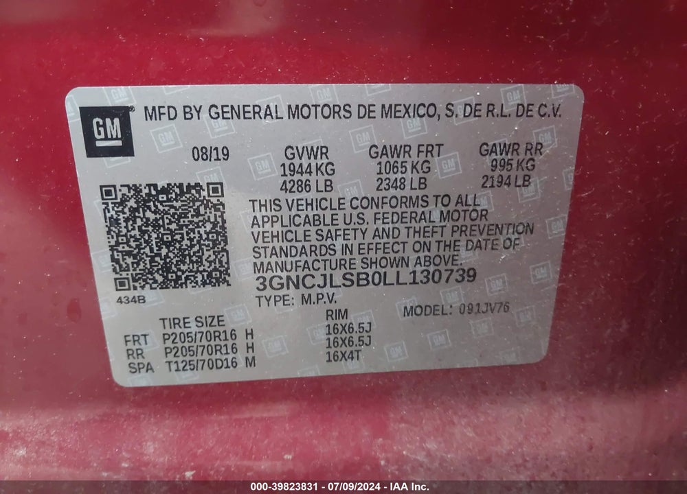 2020 CHEVROLET TRAX FWD LT VIN: 3GNCJLSB0LL130739