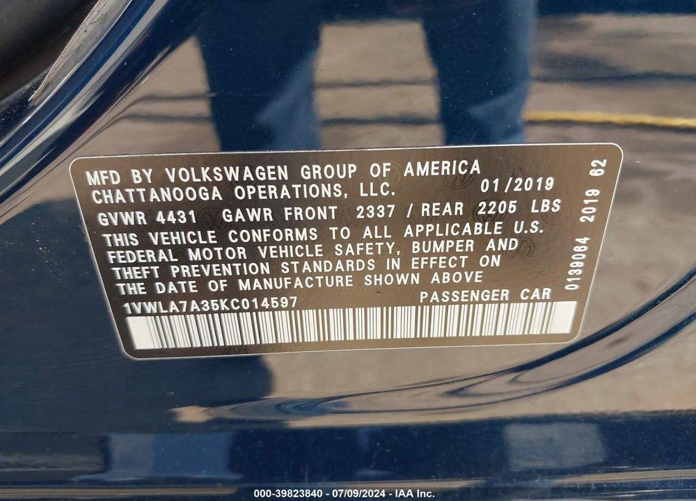 2019 VOLKSWAGEN PASSAT 2.0T WOLFSBURG EDITION VIN: 1VWLA7A35KC014597